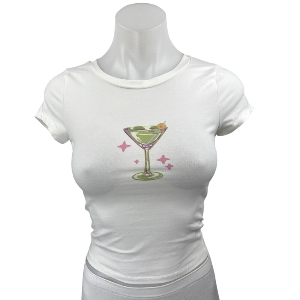 Princess Polly White Wine Glass Cocktail Short Sleeve T Shirt Tee Crop Top Sz 2
